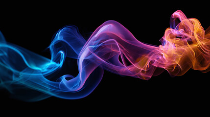 Abstract and colorful smoke swirling against a black background, with vibrant hues of blue, pink, and orange blending together