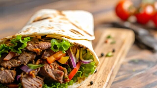 A close-up shot of a savory wrap filled with meat and fresh vegetables on a wooden surface