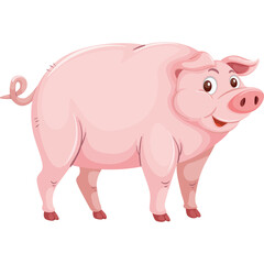 Pink Pig Cartoon With Transparent Background and Curly Tail Smiling Happily