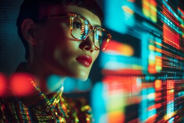 Transformative insights: a leader interpreting market dynamics. Machine learning. Innovative financial presentation: leading with visual data insights. Cyber interaction. Human technology.