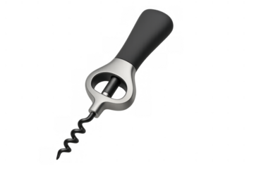 Corkscrew bottle opener for wine, modern metallic design on transparent background, bar tool for opening bottles
