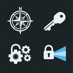 Goal Alignment Icon Set Magnet, Compass Rose, Key and Lock, Interlocking Gears (perfect mesh), Focused Beam of Light