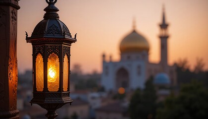 Moroccan vintage lantern with blur cityscape background