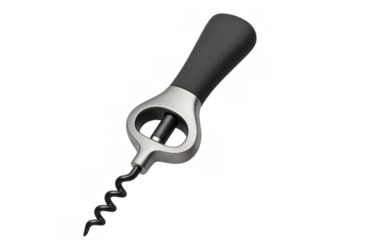 Corkscrew bottle opener for wine, modern metallic design on transparent background, bar tool for opening bottles