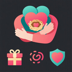 Love's Embrace Icon Set Two Arms Hugging, Heart as a Nest, Gift Wrapped in a Hug, Ripple from Heart, Protective Shield Heart