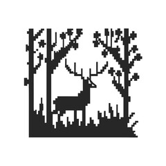 Pixel Art Deer Silhouette in Forest on White Background