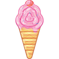 Pink Strawberry Ice Cream Cone with Rainbow Sprinkles and Cherry Topping on Transparent Background