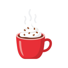 Hot chocolate beverage in red cup with whipped cream and chocolate chips cozy winter drink isolated on white background