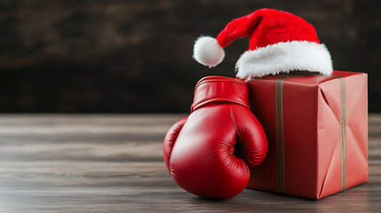 Festive fitness: a striking image featuring red boxing gloves and a wrapped gift, topped with a Santa hat. Perfect for a unique holiday themed design. Bold and spirited.