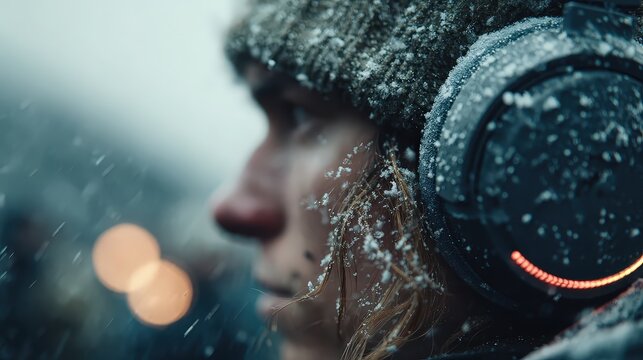Woman Enjoying Music in Winter Snowstorm with Headphones