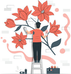 Artist painting large flowers on a wall with spray cans mural