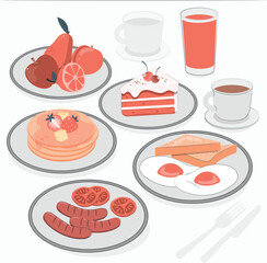 Assorted Breakfast Food and Drinks Flat Illustration meal morning