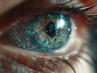 close-up of human eye with digital patterns overlaying iris in macro shot with soft lighting and blurred background allowing space for text on left concept of technology innovation and future