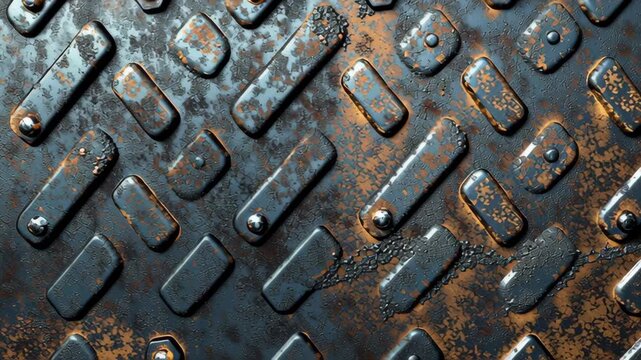 A metal plate with many small squares on it. The squares are all different sizes and shapes. The plate is rusted. A heavy-duty industrial metal plate with embossed diamond