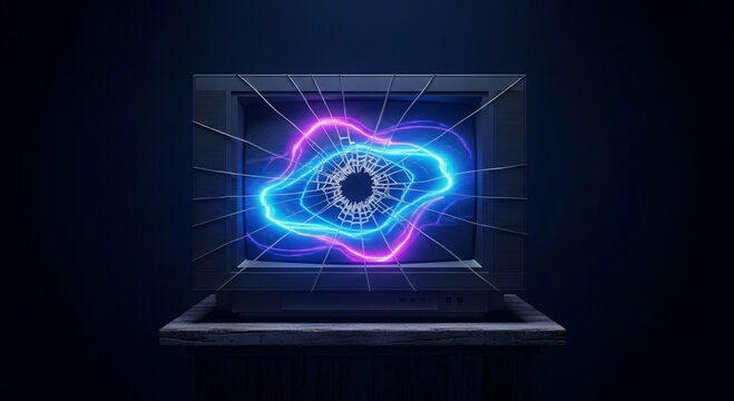 An old-fashioned television set with a broken screen, featuring vibrant blue and pink neon lights emanating from the point of impact, placed on a weathered wooden table against a dark background - Powered by Adobe