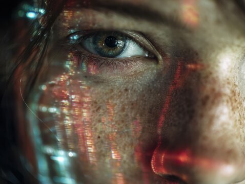 close-up of a green eye with intricate iris details and freckles illuminated by multicolored digital light patterns creating a futuristic effect concept of technology innovation digital art
