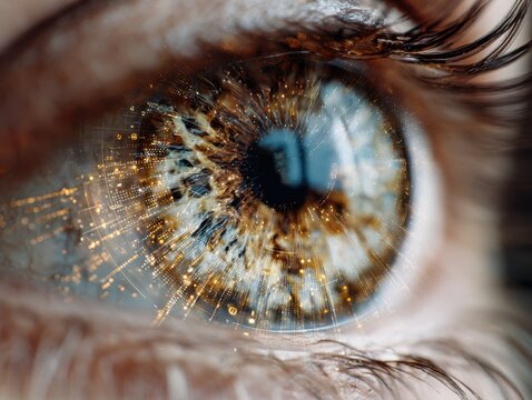 close-up of a human eye with intricate blue brown and amber iris patterns overlaid with digital circuit lines and glowing dots in a bright setting concept of technology innovation and future