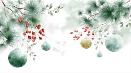 Watercolor Christmas Ornaments with Pine Branches and Red Berries - Elegant Holiday Background for Cards and Prints. Christmas and New Year Garland