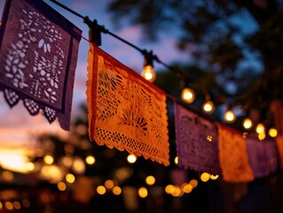colorful papel picado banners in vibrant purple orange and red hues with warm string lights during sunset creating a festive atmosphere concept of celebration cultural events decorations