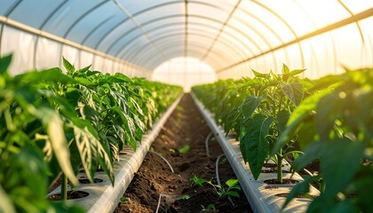 Pepper plants thrive in a greenhouse, bright light illuminating the end, plants aligned down center row, growth