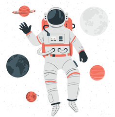 Astronaut Floating Among Planets and Moon space zero gravity
