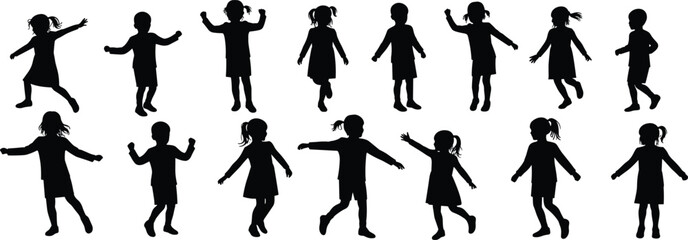 Silhouette of children dancing and playing in joyful poses, active kids illustration showing fun movement and happiness, vector art for design projects