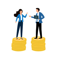Office workers salary. Businessman and businesswoman standing on dollar coins stacks, financial well-being flat vector illustration. Economic revenue equality concept