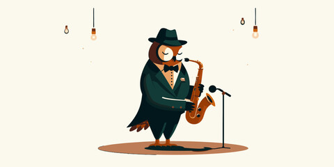An owl in a tuxedo plays a saxophone on a stage with hanging lights, a whimsical jazz performance