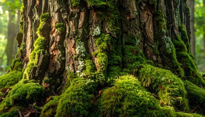Close-up of a moss-covered tree trunk in a lush forest with natural texture and green hues
