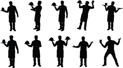 Silhouette of waiter serving food and drinks with tray, professional restaurant staff in various poses, hospitality service concept vector illustration