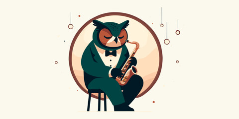 A stylish owl musician dressed in a dapper tuxedo, playing a soulful melody on a golden saxophone in a cool, jazzy illustration