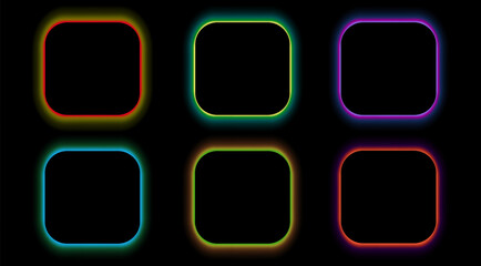 Square black frames with rounded corners and multi-colored LED panel. Neon glow effect. 3D vector on a black background.
