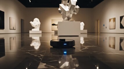Autonomous robot vacuum cleaner cleaning a modern art gallery Smart home technology glides on polished dark marble floors surrounded by minimalist sculptures - Powered by Adobe