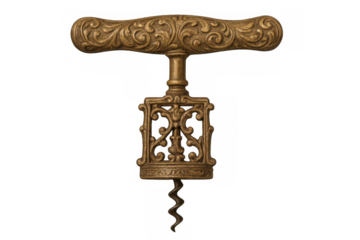 Vintage ornate corkscrew made of aged golden metal, featuring elaborate decorative filigree on transparent background