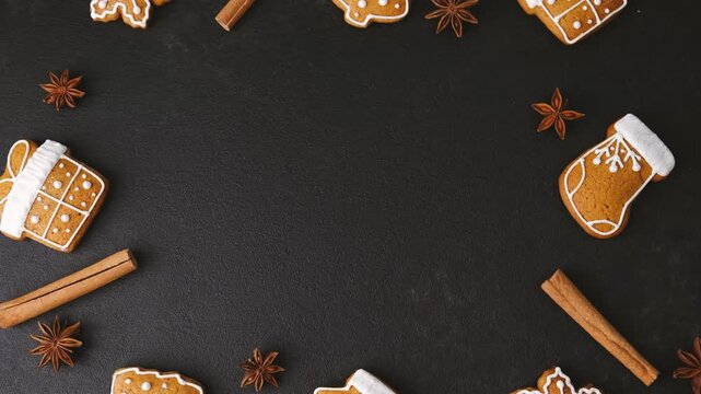 Gingerbread cookies and spices arranged on dark surface border with copy space