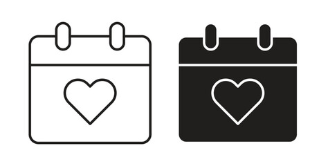 Calendar heart icon with glyph and line. black vector icons for Web UI