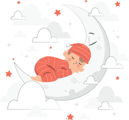 Baby Sleeping on Crescent Moon with Clouds and Stars vector illustration