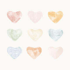Minimalist set of nine pastel watercolor hearts in soft tones. Aesthetic abstract shapes perfect for Valentine&rsquo;s Day designs, greeting cards, packaging, posters, digital art, and wedding invitations.
