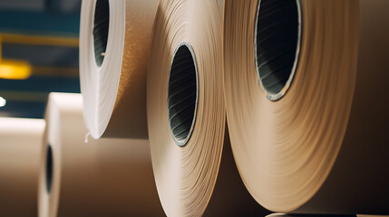 Massive paper rolls stand in formation. The industrial essence shows the production process, material strength, and potential for various applications on display.