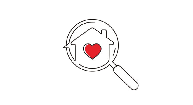 Magnifying glass over house with heart symbol, emotional home buying, property search with values, family-first real estate, homeownership with care, housing market with love