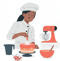 Baker Decorating Cake With Cherry And Mixer icing