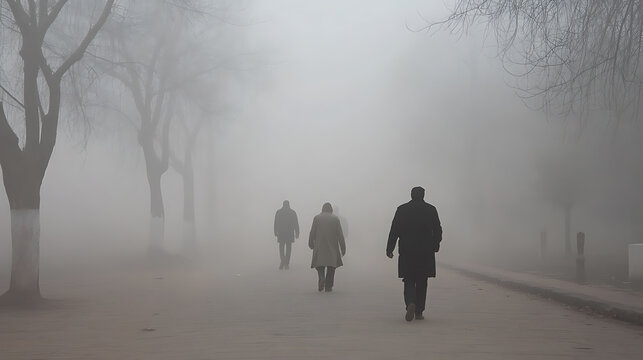 Three figures walk through an ethereal, fog-laden landscape. The monochrome palette evokes a sense of mystery as the silhouettes fade into the mist-shrouded backdrop.