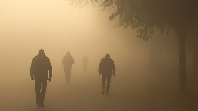 A group of figures walks through an eerie fog, their forms obscured by the dense haze. The scene evokes a sense of mystery and uncertainty, heightened by the soft, diffused light. - Powered by Adobe