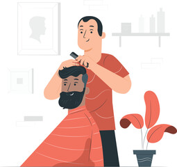 Barber cutting client's hair with comb and scissors Keywords: barber, haircut, hair, man, client
