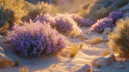 Lavender blooming in desert landscape, sunny day