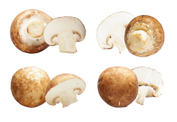 vibrant still life showcasing cremini mushrooms, artfully halved and whole, against a stark black setting, enhancing culinary and food project imagery