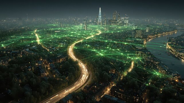 City skyline view at night with glowing very bright data streams representing fast internet or logistic leading to downtown, Power of digital transformation in technology and communication.	