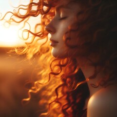 “Curly red hair shining in breeze, soft background, warm golden light.”