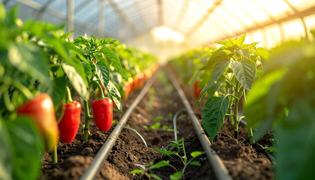 Peppers growing in a greenhouse with bright sunlight streaming through the translucent roof panels