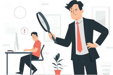 Boss Magnifying Employee Working on Computer with Clock and Calendar magnifying glass desk